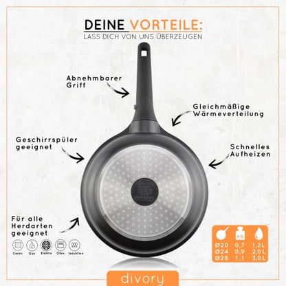 DIVORY Pfannenset 3-teilig Pfanne 20cm, 24cm, 28cm