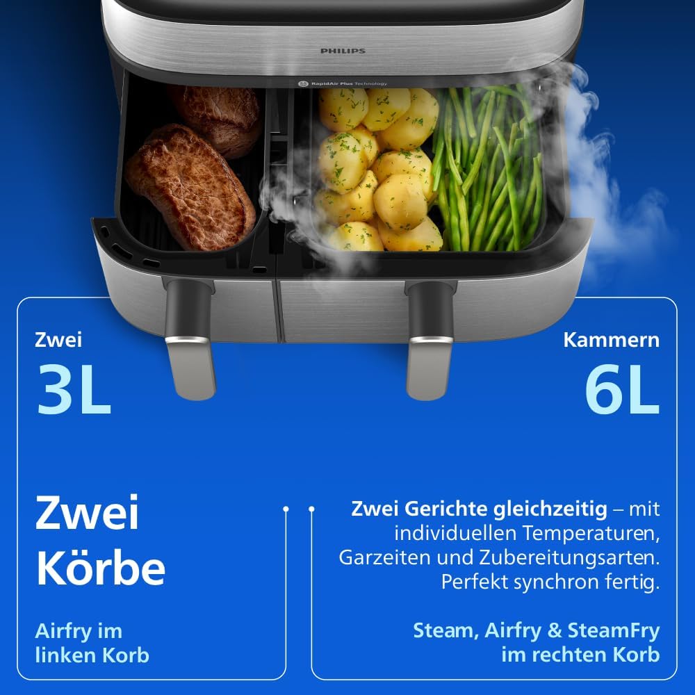 Philips Steam Airfryer 5000 Series Dual Basket, 9 L