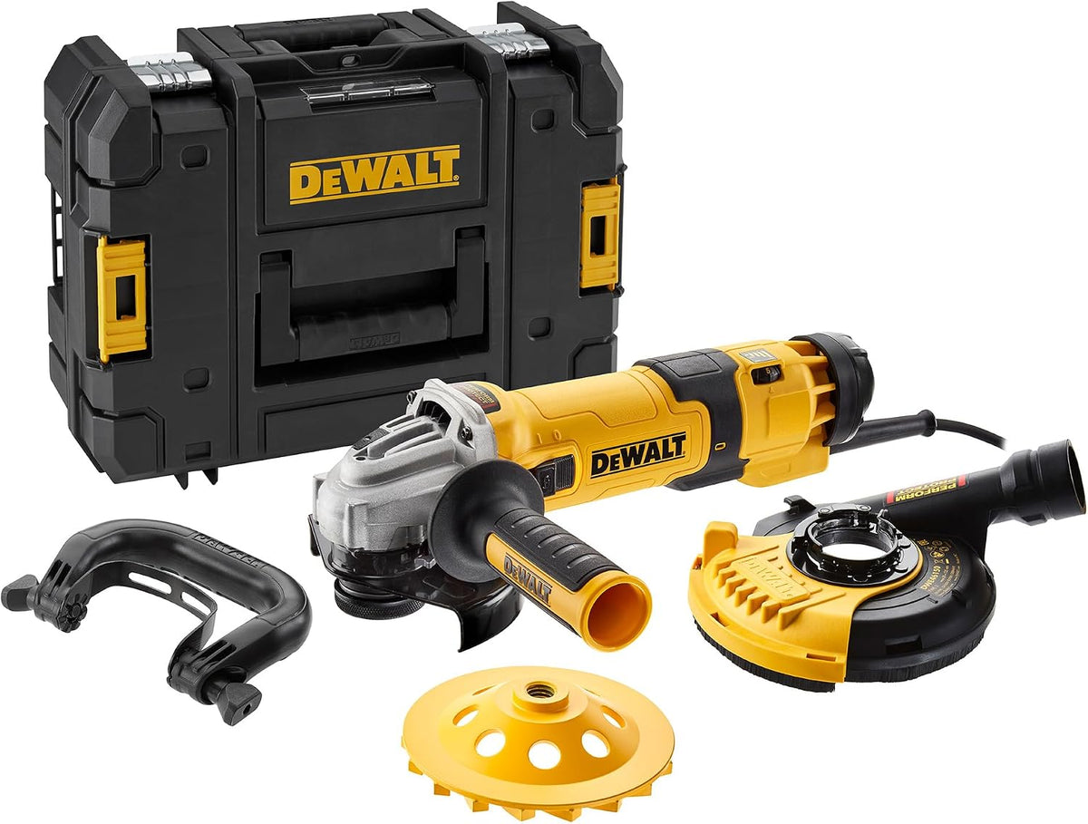 DEWALT 125 mm Winkelschleifer mit Beton-Oberflächenset DWE4257KT-QS (1.500 Watt, Epoxyd-Harz gepanzerte Wicklung, Sanftanlauf, mit 125mm Staubhaube, Bügelgriff und Diamant-Topfscheibe), DWE4257KT-QS