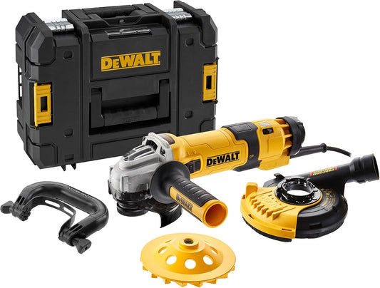 DEWALT 125 mm Winkelschleifer mit Beton-Oberflächenset DWE4257KT-QS (1.500 Watt, Epoxyd-Harz gepanzerte Wicklung, Sanftanlauf, mit 125mm Staubhaube, Bügelgriff und Diamant-Topfscheibe), DWE4257KT-QS