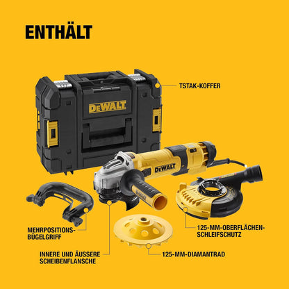 DEWALT 125 mm Winkelschleifer mit Beton-Oberflächenset DWE4257KT-QS (1.500 Watt, Epoxyd-Harz gepanzerte Wicklung, Sanftanlauf, mit 125mm Staubhaube, Bügelgriff und Diamant-Topfscheibe), DWE4257KT-QS