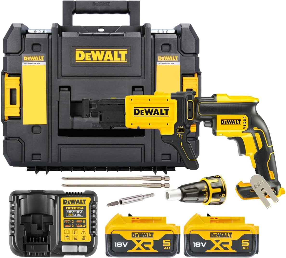 DeWalt Akku-Trockenbauschrauber/Schnellbauschrauber (18 Volt, 5.0 Ah, bürstenlos, inkl. Magazinvorsatz DCF6201, 2x XR Li-Ion Akkus, System-Schnellladegerät, Tstak Box II), DCF620P2K