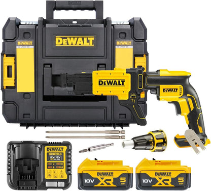 DeWalt Akku-Trockenbauschrauber/Schnellbauschrauber (18 Volt, 5.0 Ah, bürstenlos, inkl. Magazinvorsatz DCF6201, 2x XR Li-Ion Akkus, System-Schnellladegerät, Tstak Box II), DCF620P2K